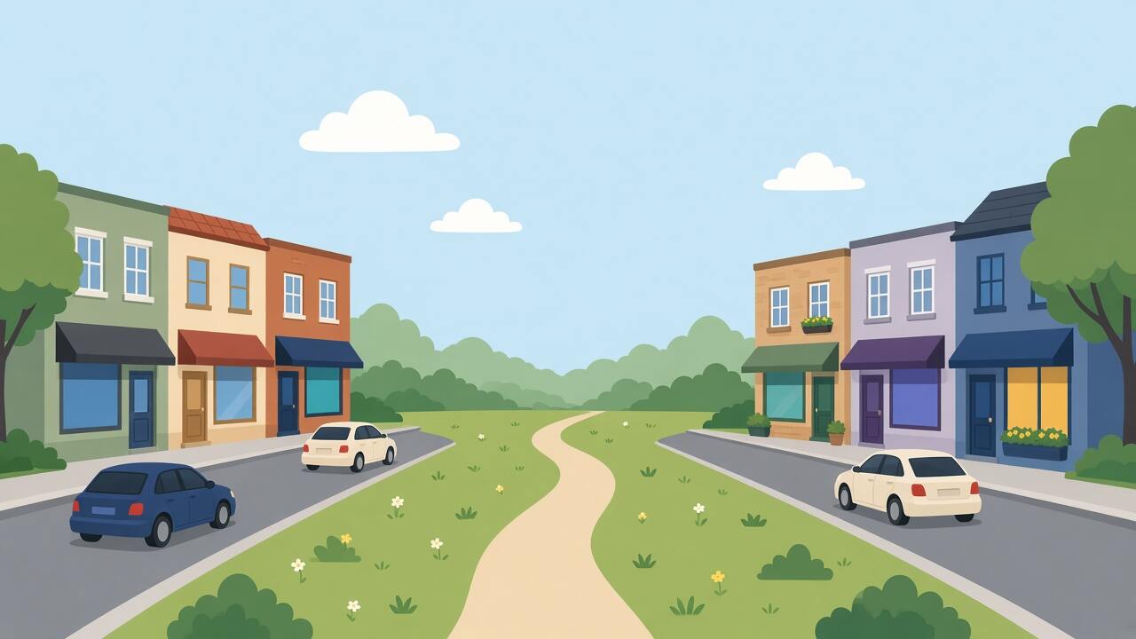 Two neighbouring high streets separated by a green space