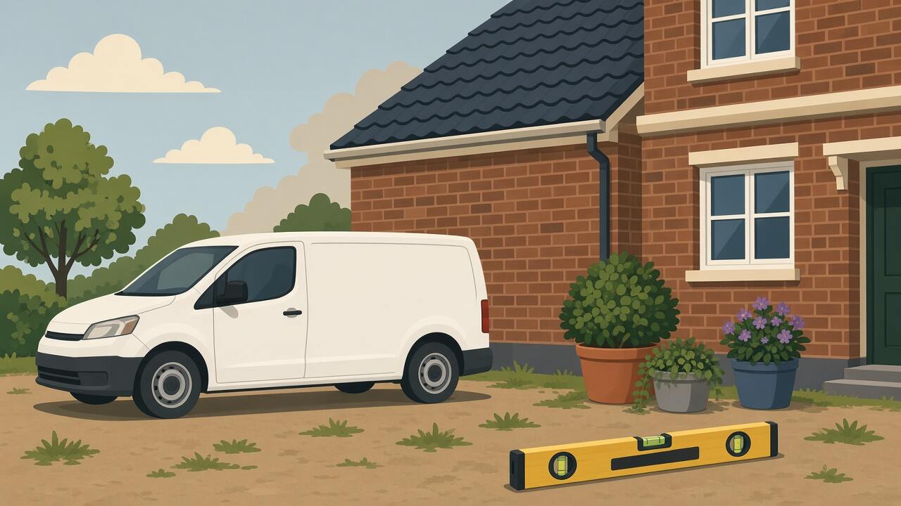 A trades van outside a brick house